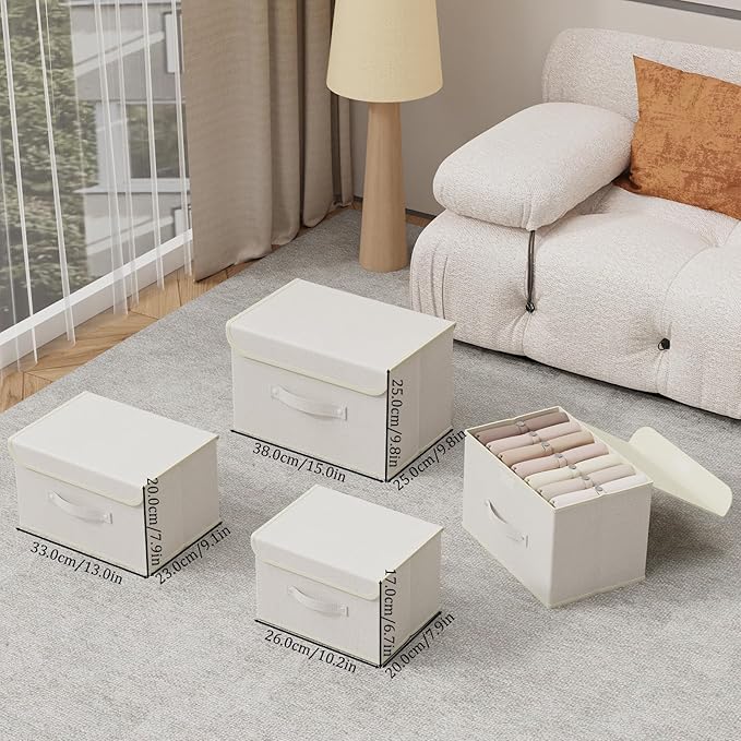 Storage Boxes, Collapsible Storage Bins with Lids, Cotton and linen cloth Storage Baskets with Handle, for Books, Closet, Bedroom, Home, 13x9.1x7.9 in, Beige-Ruum Studio Home