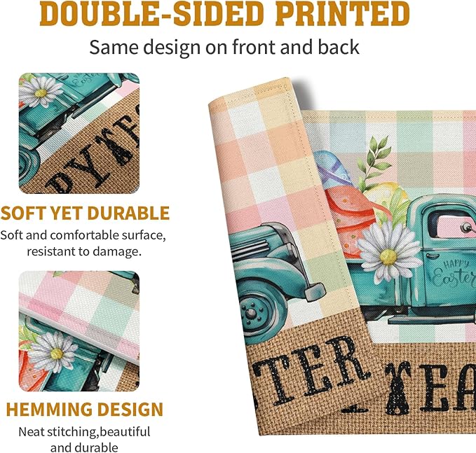 Happy Easter Placemats Set of 4 Pink Yellow Blue Buffalo Plaid Truck Eggs Daisy Easter Table Mats Spring Seasonal Linen Place Mat Washable Place Mats for Party Kitchen Dining Outdoor Indoor Decor-Ruum Studio Home