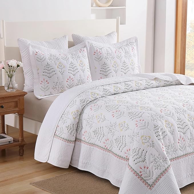 MarCielo 3-Piece 100% Cotton Oversized Bedspread Lightweight Quilt Coverlet Embroidery Farmhouse Bedding Set(TL Floral White,Oversized King (118"x106"))-Ruum Studio Home