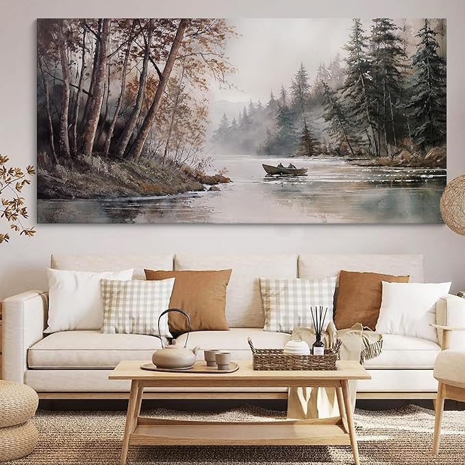 HGUAOA Mountain Canvas Wall Art Rustic Lake Landscape - Nature & Forest Scenery Paintings Pictures for Living Room & Bedroom Wall Decor Vintage Artwork for Walls-Ruum Studio Home