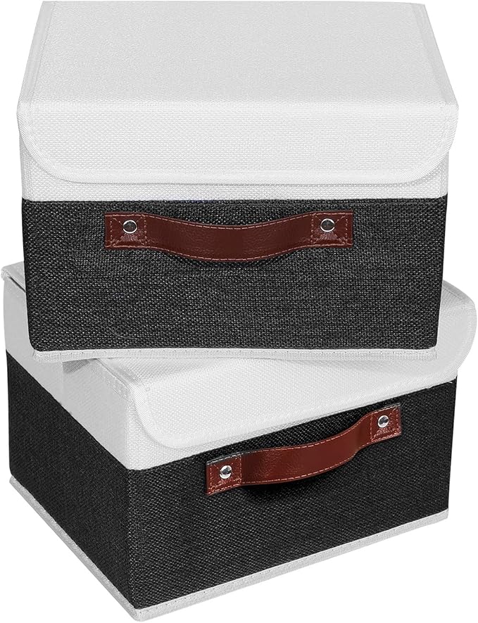 ANMINY 2PCS Storage Boxes with Lid Washable Decorative Storage Bins Basket with PU Leather Handle Foldable Linen Fabric Storage Cubes Containers for Home Closet Organizer - Black White, Small Size-Ruum Studio Home