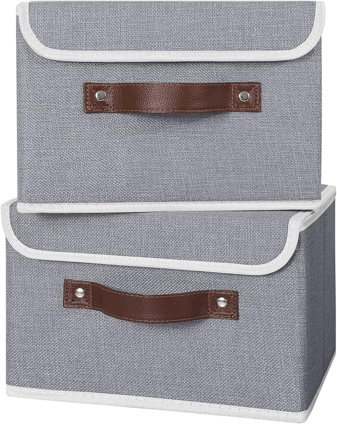 ANMINY 4PCS Storage Bins with Lid PU Leather Handles Storage Boxes PP Plastic Board Decorative Foldable Lidded Cotton Linen Fabric Home Cubes Baskets Closet Organizer Containers - Gray, Small Size-Ruum Studio Home