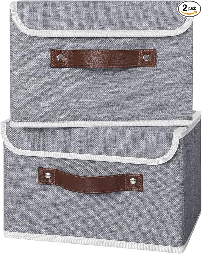 ANMINY 2PCS Storage Bins with Lid PU Leather Handles Storage Boxes PP Plastic Board Decorative Foldable Lidded Cotton Linen Fabric Home Cubes Baskets Closet Organizer Containers - Gray, Small Size-Ruum Studio Home