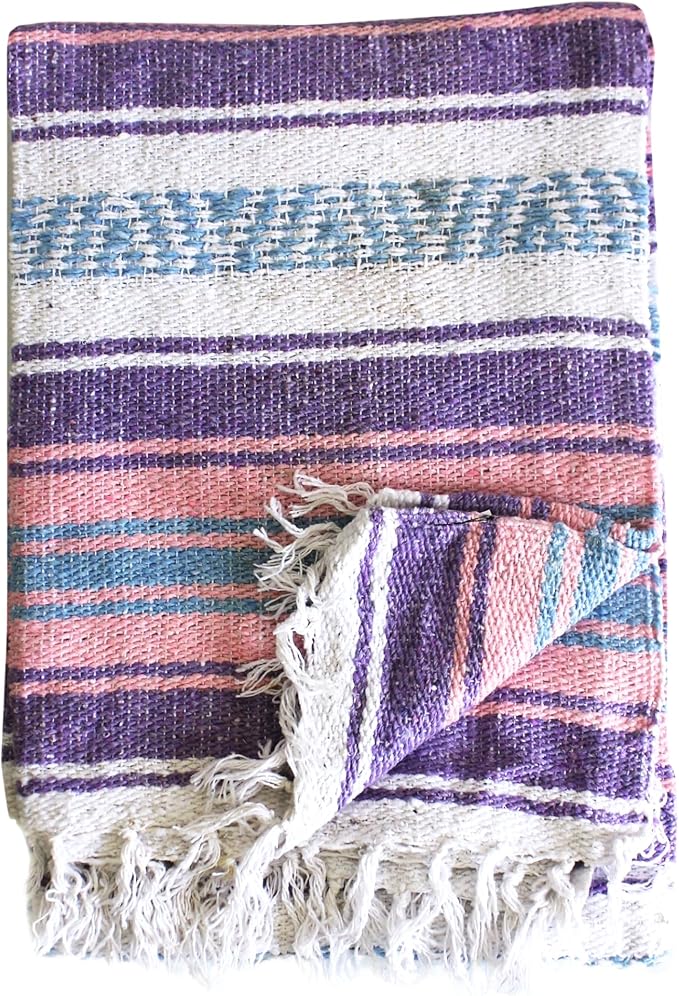 Del Mex Classic Mexican Blanket, Large Authentic Woven Falsa Throw (70"x50"), Artisan Southwest Décor for Beach, Yoga, Outdoors (Lavender/Pink)-Ruum Studio Home