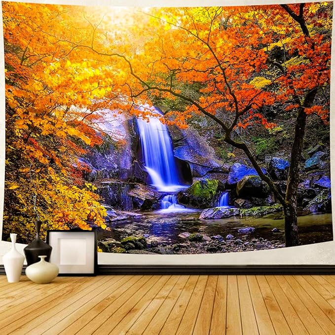 Delur Waterfall Tapestry Forest Nature Scenic Tree Mountain Sunset Tapestry Wall Hanging Natural Landscape Sunrise Headboard for Bedroom Living Room Home Decor (70.8" x 92.5")-Ruum Studio Home