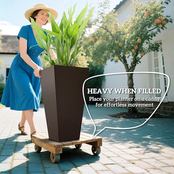 Outsunny Tall Planters for Outdoor Plants Set of 3, 28 in Taper Planters with Drainage Holes, Indoor Grande Plant Pots, Front Porch Decor, Brown-Ruum Studio Home