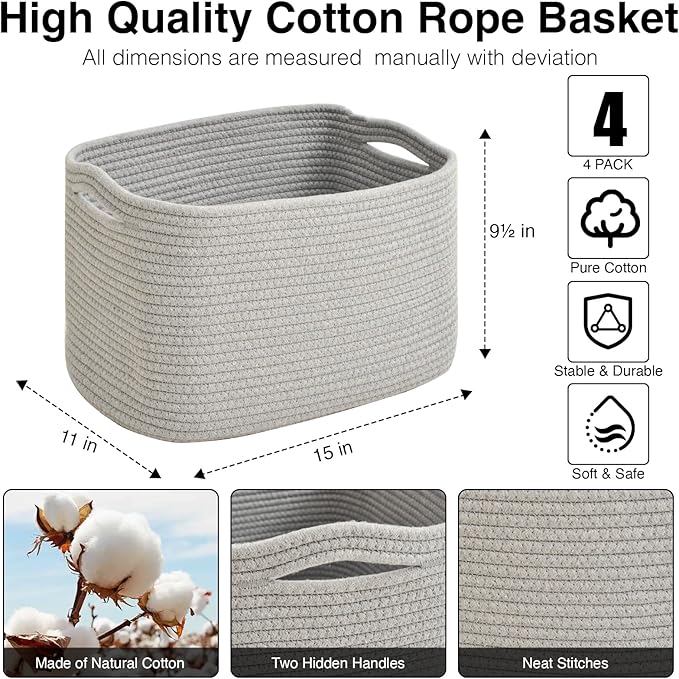 Storage Baskets for Organizing & Shelves, Woven Cotton Rope Organization Bins for Dog Toys, Clothes, Books, Nursery Organizer, 15" Lx11 Wx9.5 H, (4 Packs) Grey-Ruum Studio Home