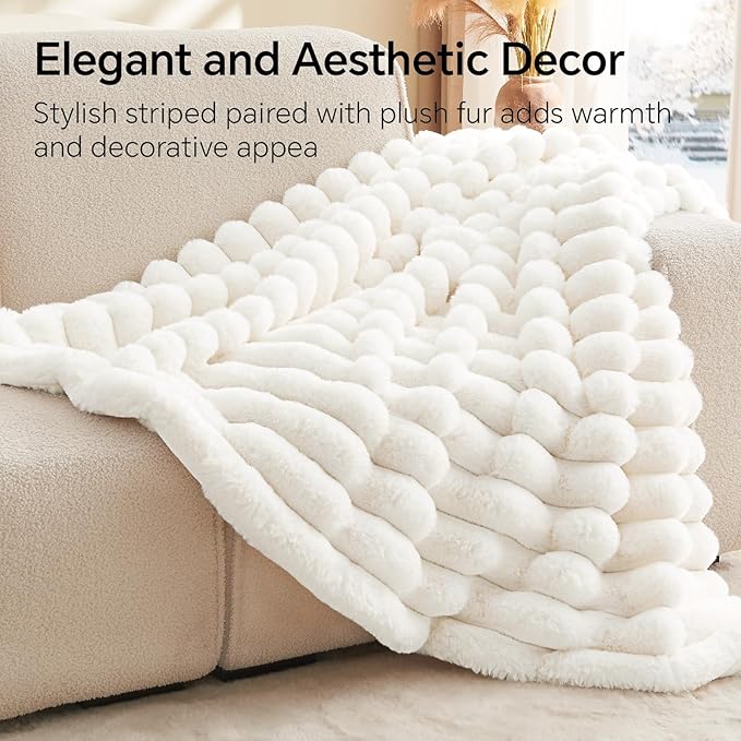 BEDELITE Faux Fur Throw Blanket for Couch, Soft and Cozy Luxurious 3D Striped Fluffy Blanket, 770GSM Thick Warm Plush Fuzzy Faux Rabbit Fur Blanket for Women Gift (Cream, 60"x 80")-Ruum Studio Home
