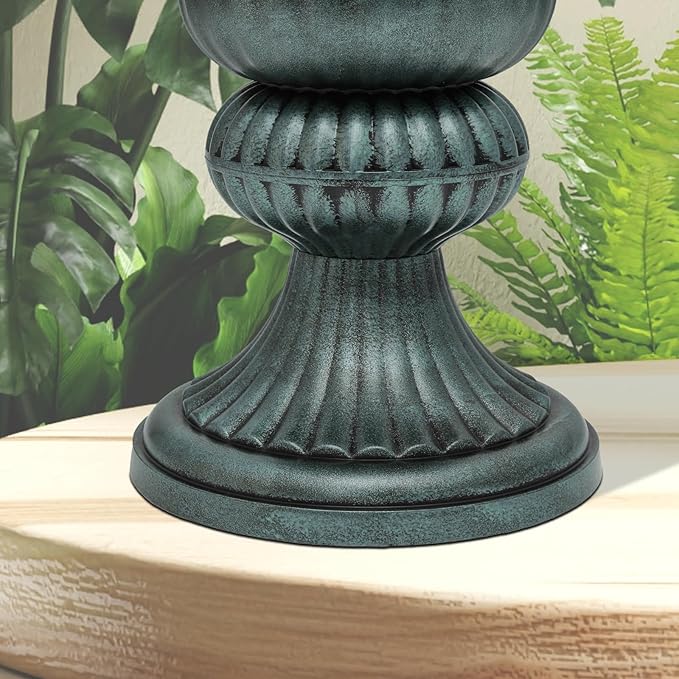 Athena Collection 20''H Garden Plastic Urn Vintage Tall Planter Urn Patio Large Flower Pot Porch Planter Large Planter for Indoor Outdoor Plant, Dark Green-Ruum Studio Home