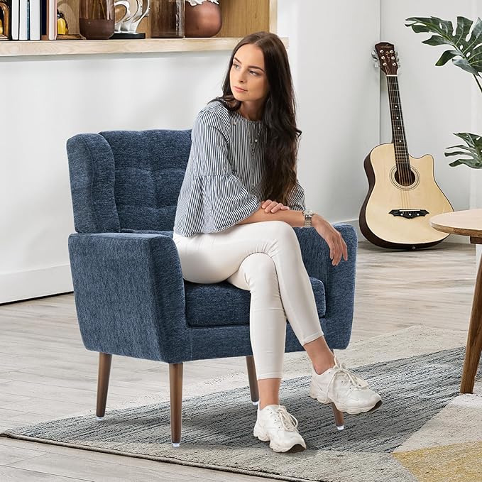 Modern Accent Chair, Upholstered Armchair with Pillow, Fabric Single Sofa Chair with Lounge Seat and Wood Legs Accent Chair for Living Room Bedroom Small Spaces (Dark Blue)-Ruum Studio Home