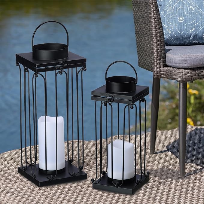 Solar Lantern Decorative Outdoor Set of 2 (18’’ & 15’’) Modern Black Metal Lanterns with Solar Candles, Decorative Candle Lanterns for Outdoor Porch, Patio, Garden, Yard Decor-Ruum Studio Home