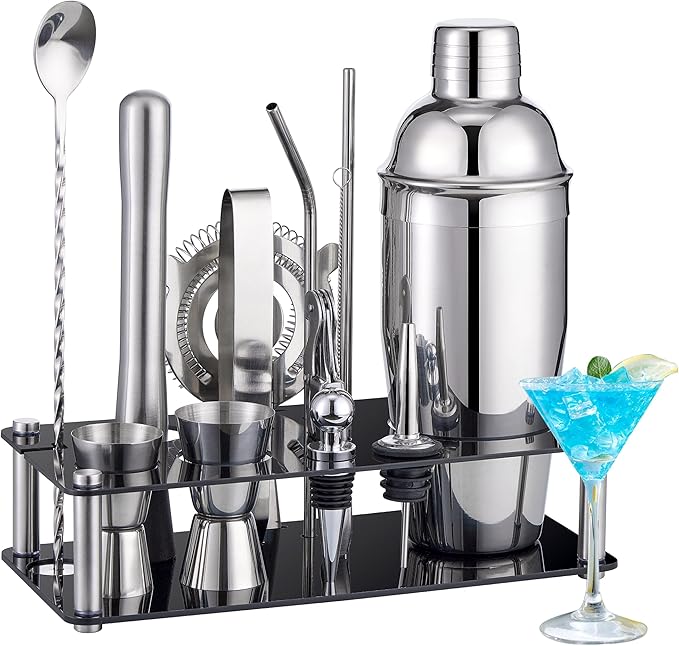 Cocktail Shaker Set Bartender Kit : 15-Piece Stainless Steel Bartender Kit with Acrylic Stand Bars Set with All Practical Bars Accessories, Bar Tools for Drink Mixing, Bar, Home, Lounge & Party-Ruum Studio Home