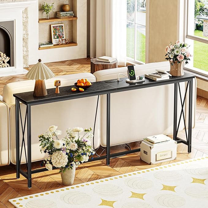 SUPERJARE 70 Inch Console Table with Outlets and USB-C Port, Extra Long Behind Couch Sofa Table with X-Shaped Design, Narrow for Entryway, Living Room, Metal Frame, Wooden Top, Black-Ruum Studio Home