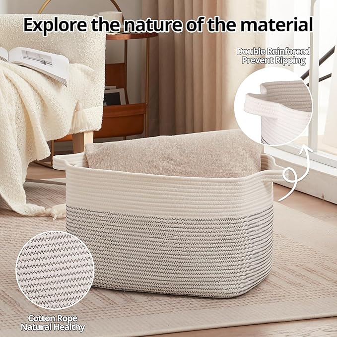 OIAHOMY 65L Blanket Basket, Cotton Rope Woven Blanket storage for Living Room, Rectangle Woven Baskets for Storage, 20''×16''×12'', Black and White-Ruum Studio Home
