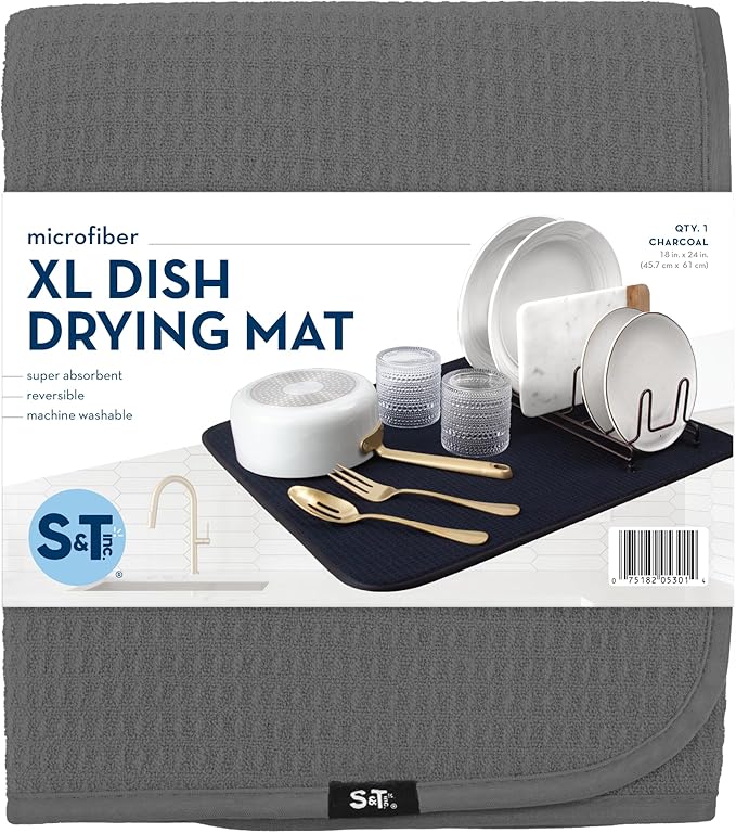 S&T INC. Dish Drying Mat XL, 18” x 24”, Absorbent Microfiber Kitchen Counter Mat, Dish Drying Pad for Dishes, Utensils, Pots and Pans, Extra Large, Charcoal-Ruum Studio Home