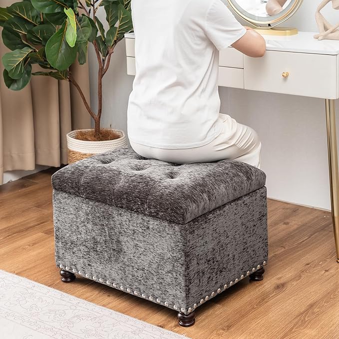 Joveco Storage Ottoman Bench, Rectangle 24" Velvet Foot Rest Stool Square Footstool for Living Room, Bedroom, Charcoal Grey-Ruum Studio Home