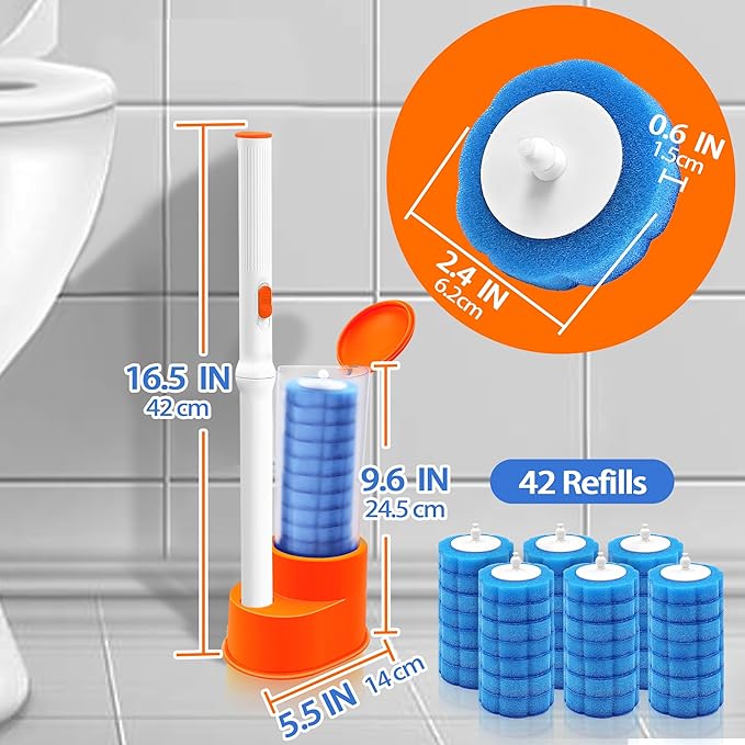 JEHONN Disposable Toilet Brush with Tweezers, Toilet Bowl Wand Holder Set with 42 Cleaner Refills, Bathroom Cleaning System for Sink Bathtub Wash Basin (White Orange)-Ruum Studio Home