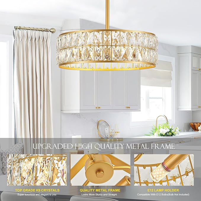 16” 4-Light Modern Crystal Chandeliers Gold Dinning Room Light Fixture, Round Pendant Light Kitchen Island Chandelier, Flush Mount Ceiling Light for Living Room Entryway Bedroom Foyer-Ruum Studio Home