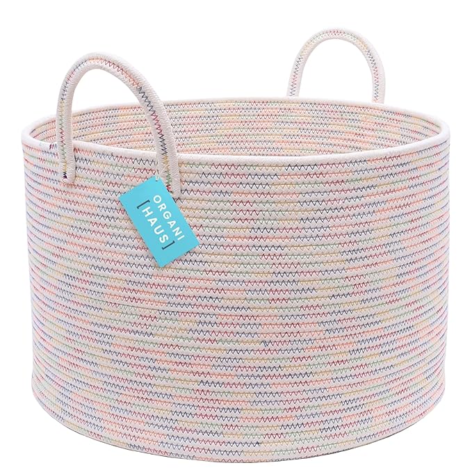OrganiHaus Toy Storage Basket for Kids, Large Cotton Rope Organizer Bin for Nursery, Toy Box, Blanket Holder, Baby Hamper for Living Room, Soft & Washable, 20x13 inches - Rainbow-Ruum Studio Home