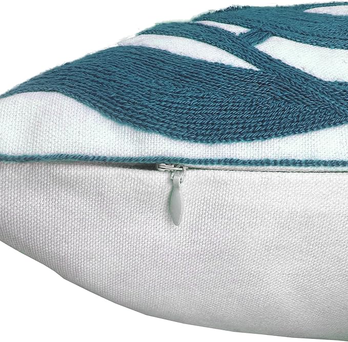 Alysheer Farmhouse Floral Leaves Embroidered Decorative Throw Pillow Cover 18x18 inches, Boho Tufted Flowers Embroidery Pattern Chic Cotton Cushion Case for Couch Bed Sofa Living Room(Teal Blue)-Ruum Studio Home