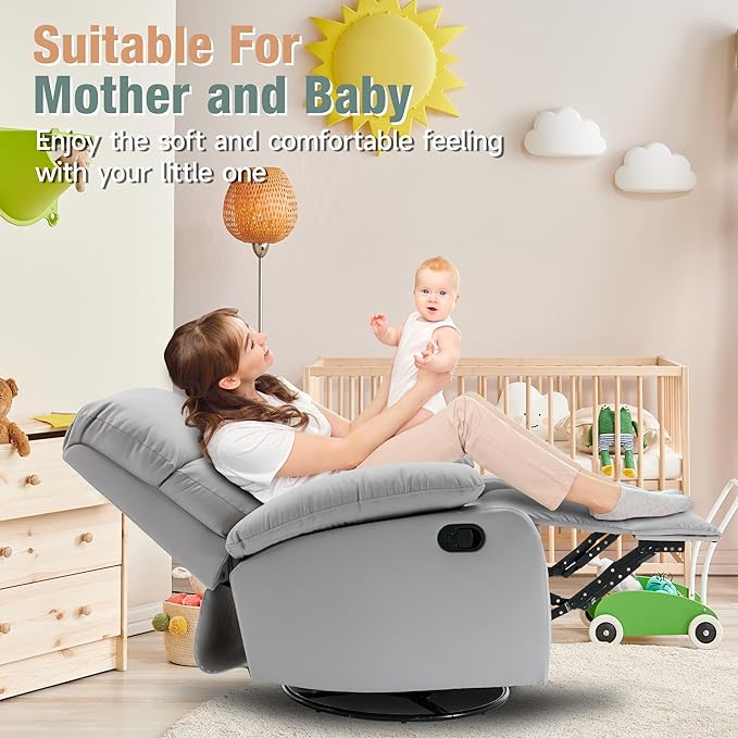 Swivel Rocker Recliner, Rocking Recliner Chair, Small Rocker Recliners for Small Spaces, Living Room, Bedroom, Nursery, RV, Light Grey-Ruum Studio Home