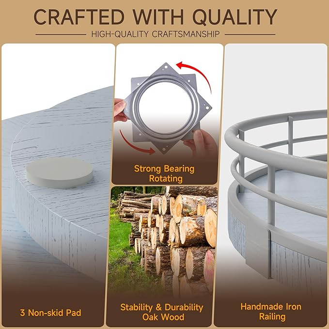13" Oak Bathroom Vanity Tray Turntable for Perfume Candle, Round Wooden Decorative Tray for Kitchen Sink Countertop Organizer, Bathroom Counter Organizer for Skincare Makeup, Rustic White-Ruum Studio Home