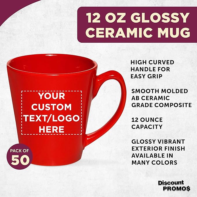 DISCOUNT PROMOS Custom Glossy Ceramic Latte Coffee Mug 12 oz. Set of 50, Personalized Bulk Pack - Perfect for Tea, Espresso, Cappuccino, Hot Cocoa - Red-Ruum Studio Home