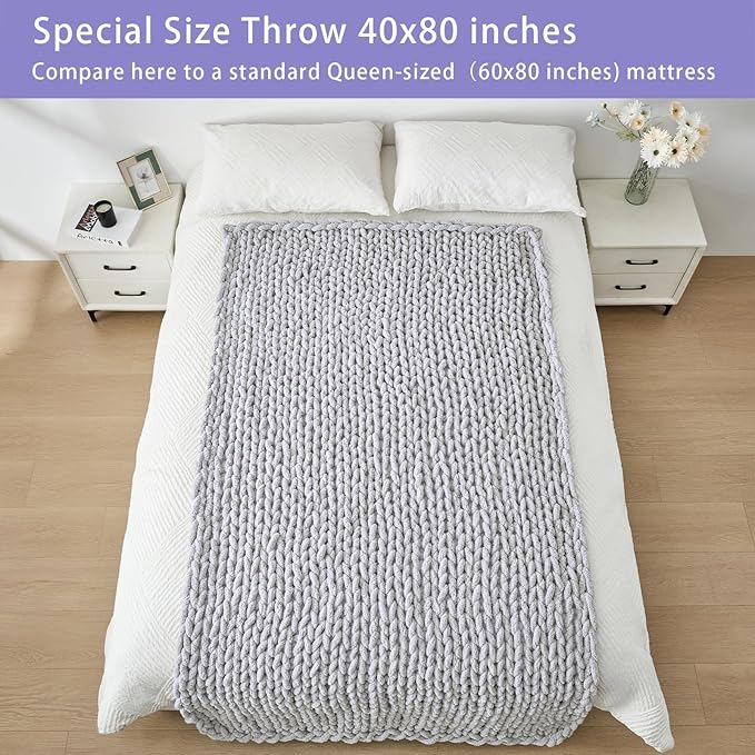 Bigacogo Chunky Knit Throw Blanket for Couch, 40x80 inches, 100% Hand Knitted with Thick Jumbo Chenille Yarn, Cozy Soft Large Rope Knot Cable Crochet Blankets for Sofa Bed Living Room, Light Grey-Ruum Studio Home