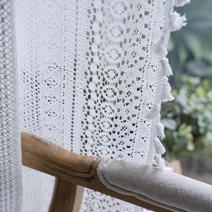Sutuo Home Boho Curtains 120 inches for Bedroom Living Room Patio Doorway, Crochet Lace Sheer Bohemian Extra Long with Tassels,Window Treatment Drape, Single 1 Panel 59" W x 120" L, White-Ruum Studio Home