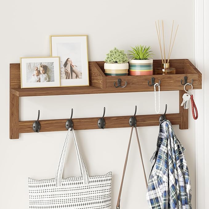 AMBIRD Wall Hooks with Shelf 26.57inch Entryway Wall Hanging Shelf Wood Coat Hooks for Wall with Shelf Coat Rack Wall Mount Rack with 5 Dual Hooks 3 Key Hooks Mail Organizer and Key Rack Key Holder-Ruum Studio Home