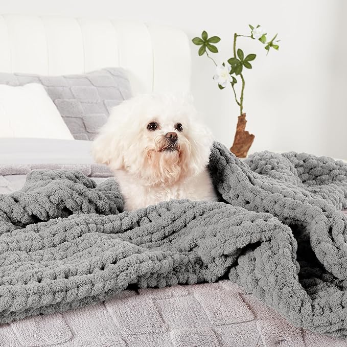 Amélie Home Chunky Knit Throw Blanket for Couch, Soft Chenille Crochet Blanket for Children, 40"x50", Light Grey-Ruum Studio Home