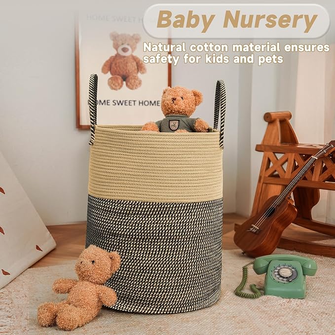 Large Woven Laundry Basket Hamper,100L Cotton Rope Storage Bin for Blankets,Toys and Clothes,Decorative Tall Nursery Hamper for Living Room,Baby Nursery,Bathroom and Bedroom,Brown and Black-Ruum Studio Home