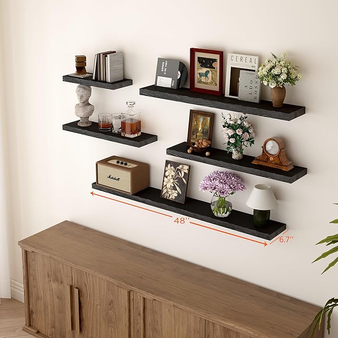 BGMG Wood Floating Shelves 48 inch, Wide Rustic Wooden Wall Shelves for Bathroom Living Room Bedroom Kitchen Farmhouse Set of 2-48x 6.7 x1.25 inch- Black-Ruum Studio Home