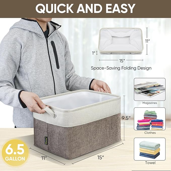 BALEINE 2 Pack Fabric Storage Bins for Shelves, Linen Storage Baskets for Organizing, Decorative Closet Bins for Clothes, Home (Brown, 15"x11"x9.5") ﻿-Ruum Studio Home