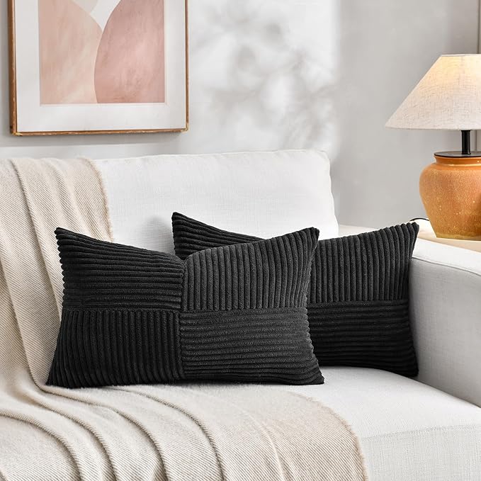 Fancy Homi 2 Packs Black Long Lumbar Decorative Throw Pillow Covers 12x24 Inch for Couch Bed Sofa, Rustic Farmhouse Boho Home Decor, Soft Striped Corduroy Rectangle Accent Cushion Case 30x60 cm-Ruum Studio Home