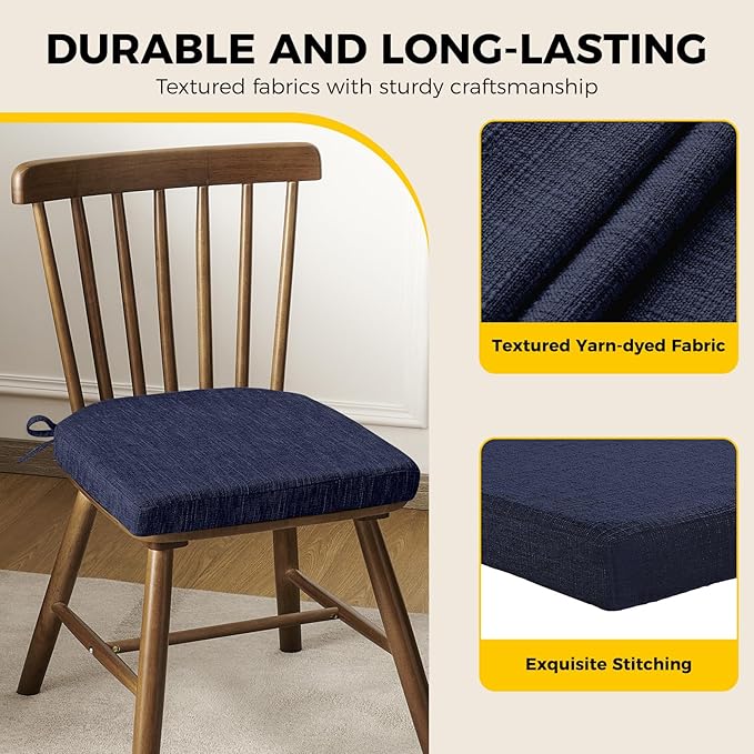downluxe Indoor Chair Cushions for Dining Chairs, Soft and Comfortable Textured Foam Kitchen Chair Pads with Ties and Non-Slip Backing, 16" x 16" x 2", Navy, 2 Pack-Ruum Studio Home