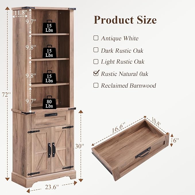 RedLemon Bookshelf with Storage Cabinet, 72" Tall Farmhouse Bookcase with Adjustable Shelves and Barn Door, 4 Tier Office Wood Bookshelf with Retro Metal Handles for Office, Library (Natural Oak)-Ruum Studio Home
