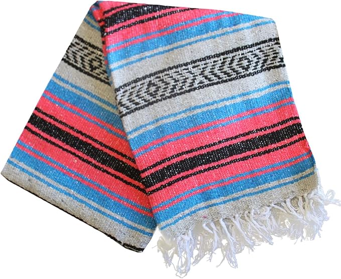 Del Mex Classic Mexican Blanket, Large Authentic Woven Falsa Throw (70"x50"), Artisan Southwest Décor for Beach, Yoga, Outdoors (Salmon/Blue)-Ruum Studio Home