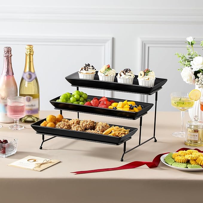MALACASA 3 Tier Serving Trays for Party, Stoneware Serving Platters and Trays, 14 Inch Tiered Tray Stand, Fruit Tray, Trays for Serving Food, Black Dessert Stand with Collapsible Sturdier Metal Rack-Ruum Studio Home