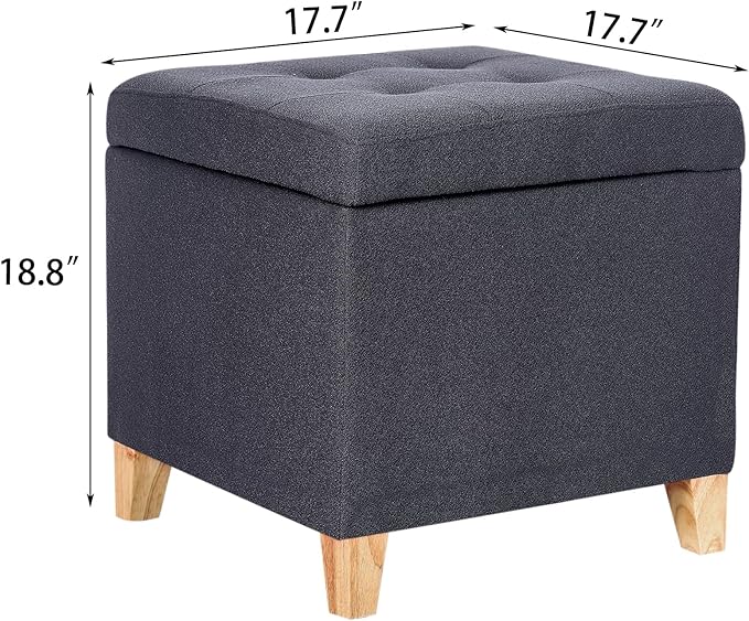 Adeco Fabric Storage Ottoman Bench with Solid Wood Legs, 17.7" Square Dark Grey Cotton Linen Cube Foot Stool, Upholstered Button Tufted Vanity Chair with Hinged Lid for Living Room, Bedroom, Dorm-Ruum Studio Home