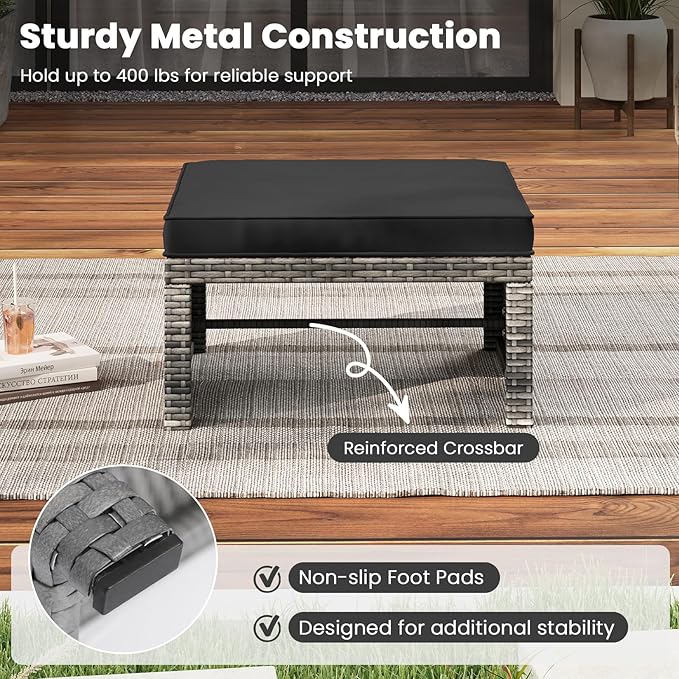 Tangkula 2 Pieces Patio PE Rattan Ottomans, Multipurpose Outdoor Footstool Footrest Additional Seating Side Table with Soft Zippered Cushions for Deck, Garden, and Yard (Black)-Ruum Studio Home