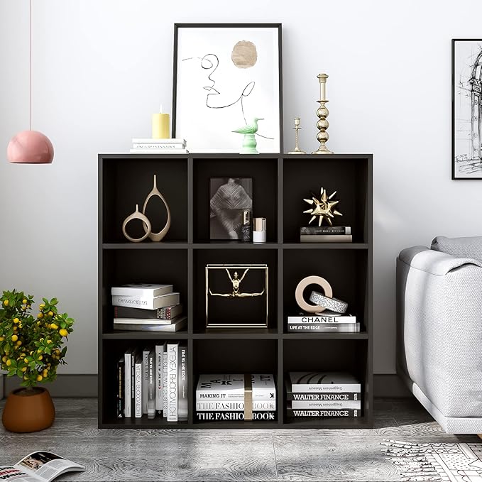 9-Cube Storage Shelf Bookcase - Wooden 3-Tier Free Standing Open Bookshelf for Home and Office, Organizer Cabinet in Black-Ruum Studio Home