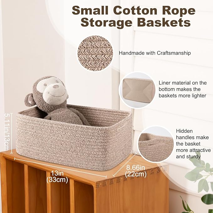 3 Pack Small Storage Baskets for Organizing, Cute Woven Decorative Gift Baskets for Shelves, Mini Closet Organizer Bins with Handles-13''Lx8.66''Wx5.11''H-Brown-Ruum Studio Home