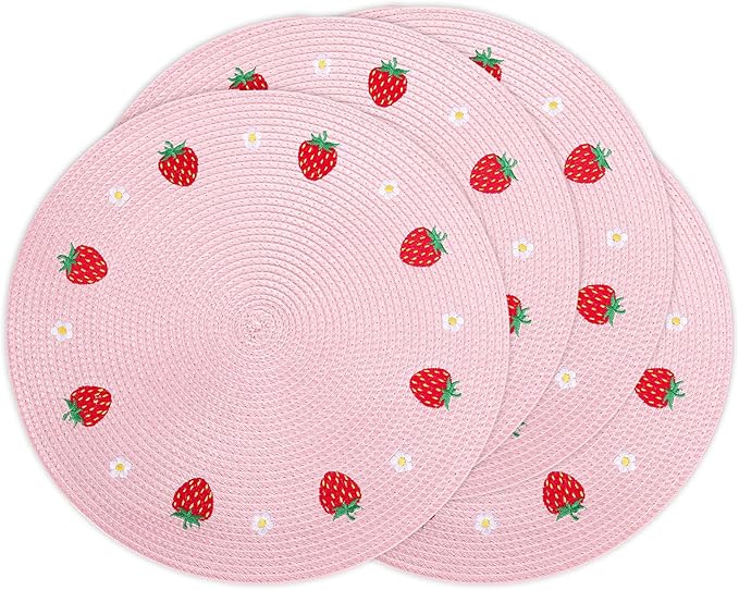 Whaline 4Pcs Round Placemats Daisy Strawberry Embroidered Place Mats Summer Strawberry Dinner Table Mats for Home Wedding Baby Shower Birthday Party Decor-Ruum Studio Home