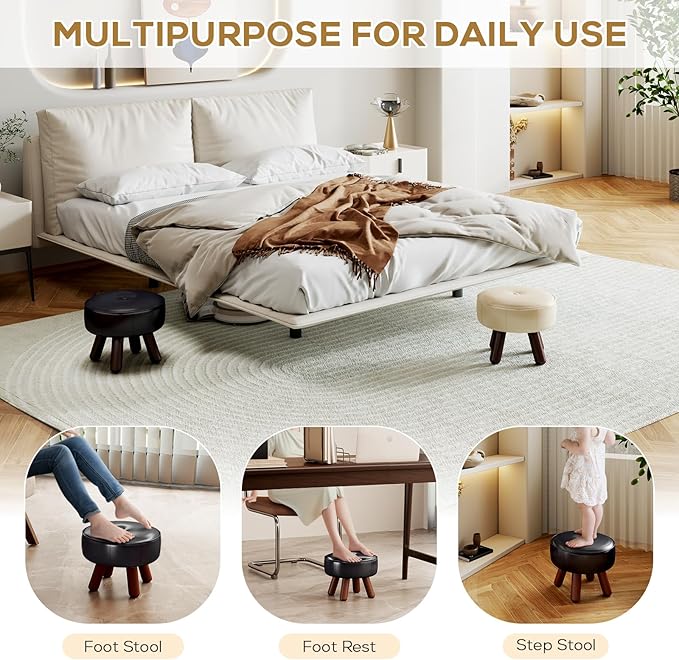 13in Small Foot Stool Ottoman, Round Faux Leather Foot Rest, Footstool Ottomans with Rubber Legs Under Desk, Footrest for Couch, Living Room, Bedroom, Office, 13''L x 13''W x 10.2''H, Black-Ruum Studio Home