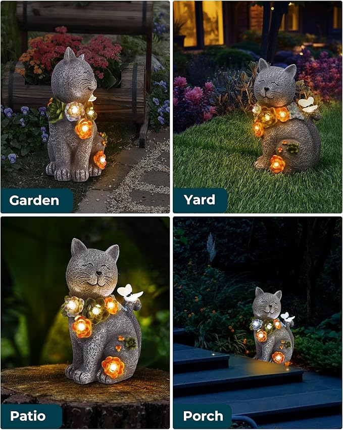 Solar Garden Statues Outdoor Decor, 6 LED Cat Flowers Butterfly Figurine Lights, Waterproof for Balcony Patio Porch Lawn Yard Ornament Art - Gift Ideas for Housewarming Gardening Grandma Women-Ruum Studio Home