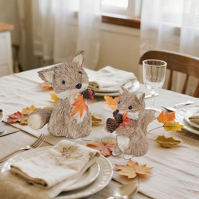winemana Fall Decor Thanksgiving Decoration Sisal Fox, Set of 2 Table Centerpiece Foxes Animals Figurines, Handmade Ornaments Autumn Fall Decorations for Home Mantel Fireplace-Ruum Studio Home