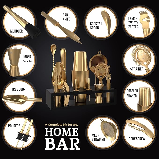 Highball & Chaser Bartender Kit with Black Bamboo Stand Beautiful Cocktail Shaker Set and Bar Tools Stainless Steel Boston Shaker Bartender Kit with Stand (Antique Gold)-Ruum Studio Home
