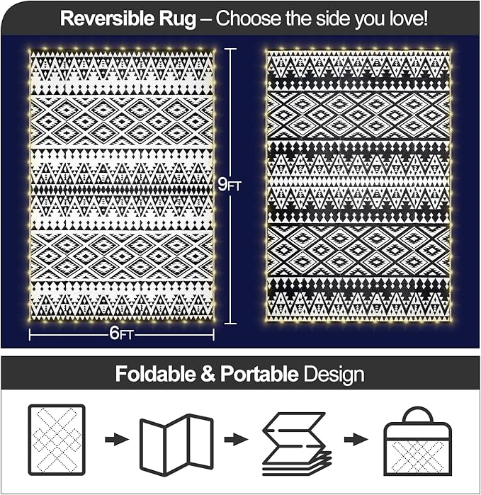 6x9ft Waterproof Outdoor Rug with LED Lights, Bohemia Reversible Plastic Straw Mat for Patio RV Camping Picnic Balcony Beach Deck Indoor Outdoor Carpet, Black&White-Ruum Studio Home