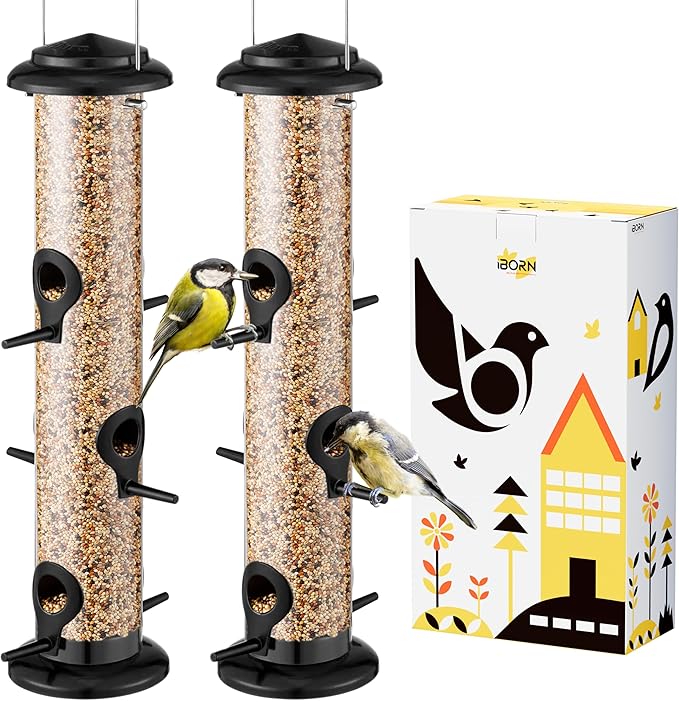 iBorn Metal Bird Feeder Hanging Wild Bird Seed Feeder for Mix Seed Blends Heavy Duty All Metal Black Finish,14 Inch 6 Port,Pack of 2-Ruum Studio Home